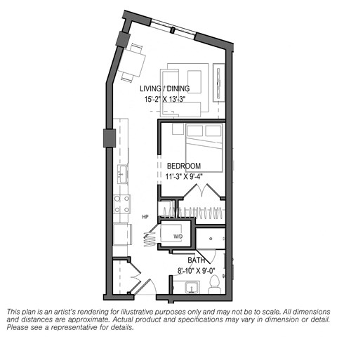 Floor plan for 1 bed, 1 bath, 564 sqft